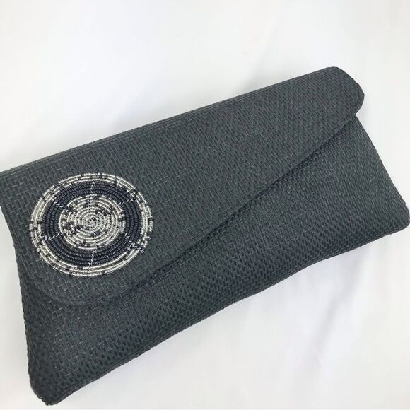 Boutique Black Burlap and Bead Medallion Summer Envelope Clutch Bag - Picture 3 of 13